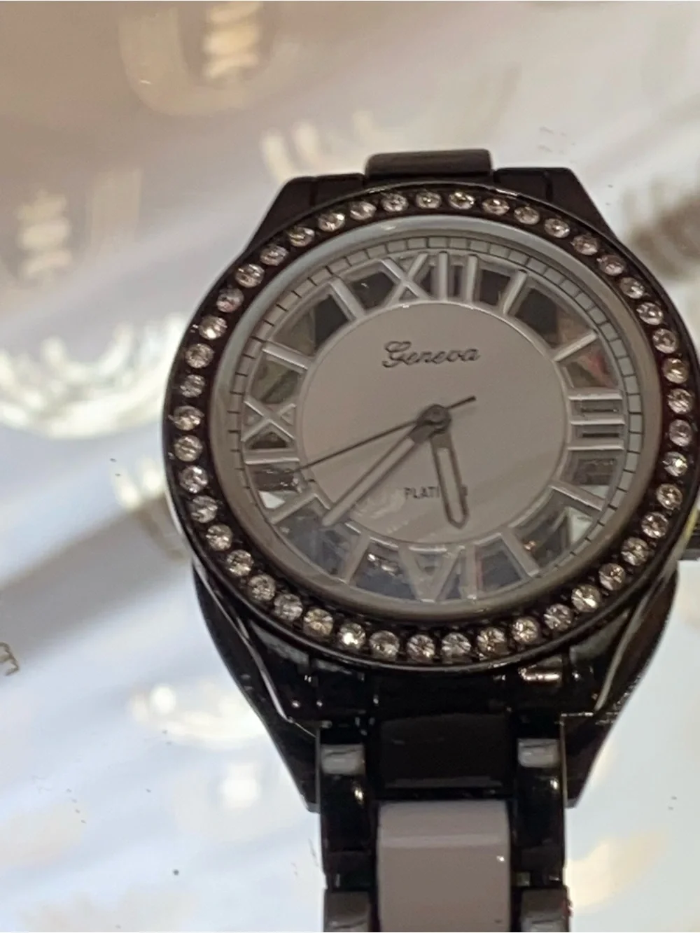 Geneva Black and White Link Bracelet Watch with Crystal Bezel